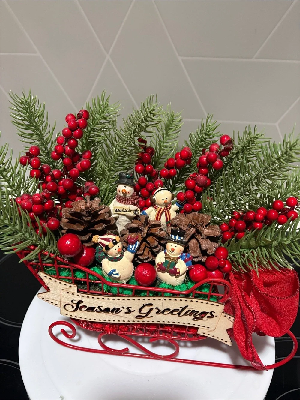 Hand Crafted Red and Green Holiday Sleigh with Snowman Accents